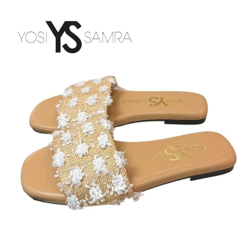 New Yosi Samra Miss Reese White Pom Raffia Slide Sandals 12 12C